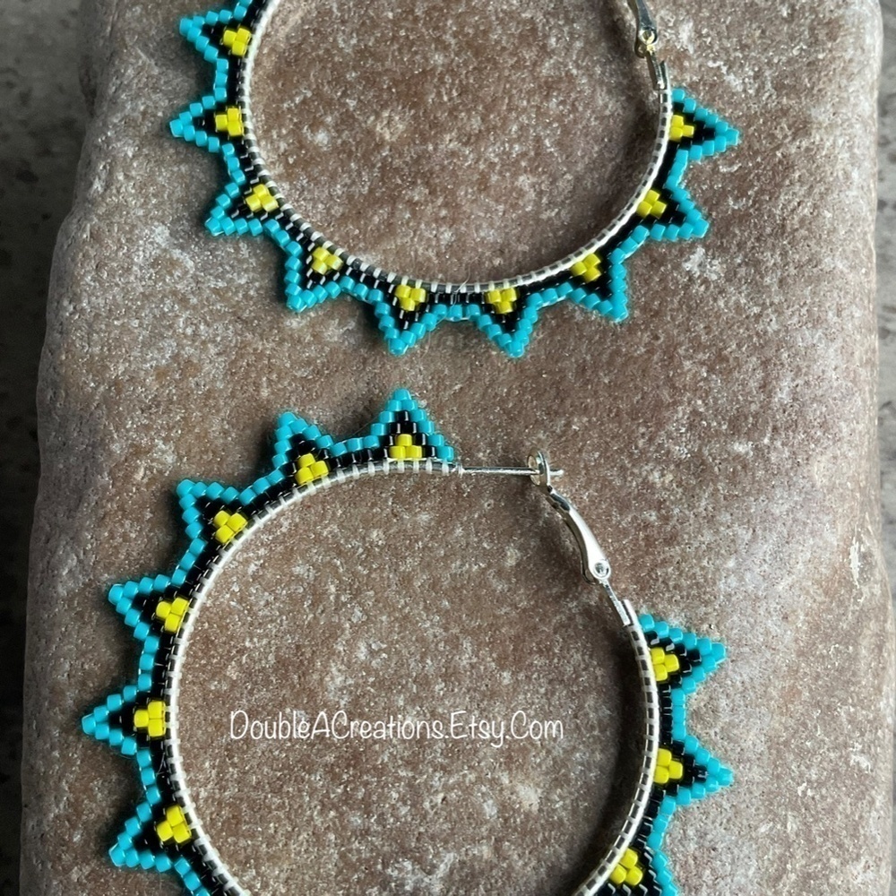 Turquoise and Yellow Sunburst 2” Beaded Hoops, New, Handmade by Me - Picture 2 of 9